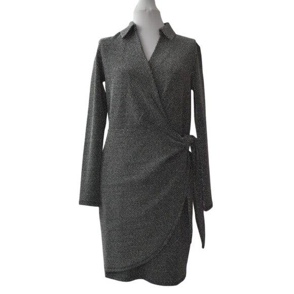 Michael Kors Faux Wrap Dress Womens M Silver Metallic Black - Picture 1 of 7